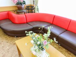 赤茶色のソファと花