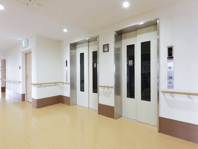 清潔感ある廊下のエレベーター ガラス窓のついたエレベーター 広々とした通路に佇むエレベーターは、手すり付きで安全に配慮されています。バリアフリー設計が心地よい動線を生み出しています。