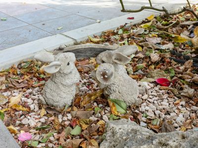 動物の彫像と落ち葉