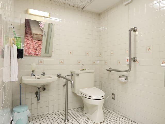バリアフリー対応トイレ 共同トイレ 清潔で安全な手すり付きトイレです。スペースも広く設計されており、安心してご使用いただけます。