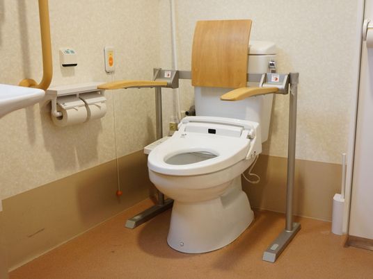 車椅子対応のトイレである。I型や背もたれ付きの手すりが壁や便器に設置されている。洗面台が備わっている。
