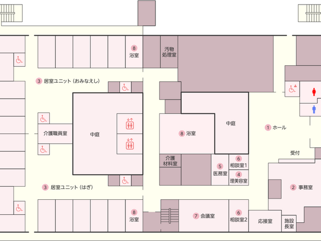 施設案内の図面 フロント この見取り図には、介護エリアと多目的エリアの配置が示されています。ホールや受付の位置も確認できます。