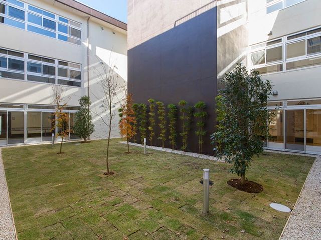 中庭の芝生スペース 中庭   建物に囲まれた芝生の中庭です。窓が多く、外の光を感じながら落ち着ける環境です。