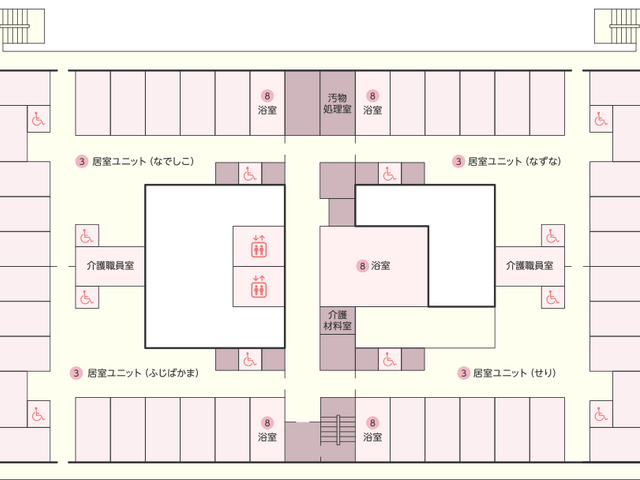 施設案内図面 内観 施設全体の配置が一目で分かる案内図です。各ユニット名や設備が明確に示されています。