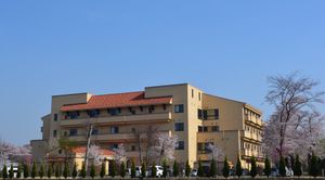 桜に囲まれた建物の外観