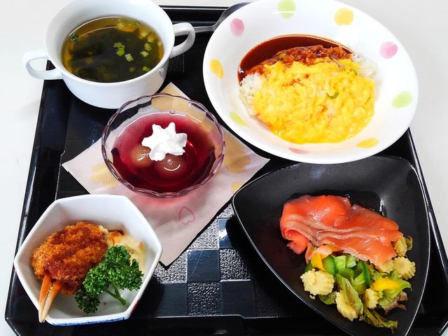 食事例 料理 色とりどりの料理が並び、バランスの良い食事を提供しています。栄養価も考慮された一膳です。