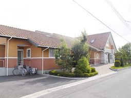 明るい色の建物と緑