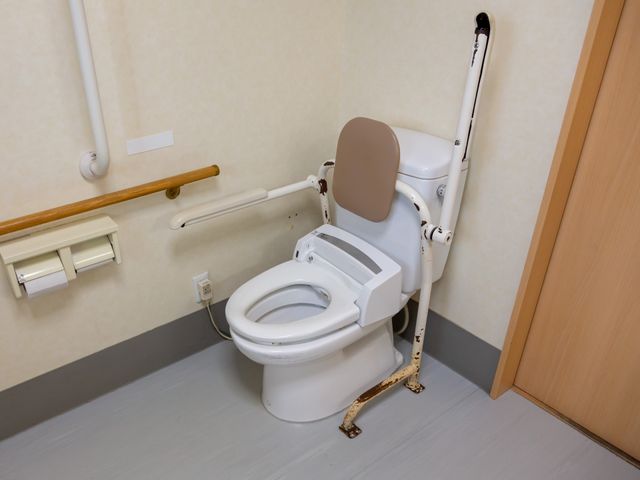 手すり付きトイレ設備 トイレ 手すりが設置された清潔なトイレです。安全と快適さを考えた造りになっており、利用者の方々のケアに配慮が感じられます。