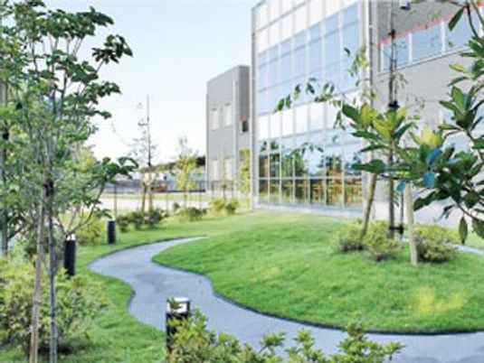 中庭の芝生と遊歩道  