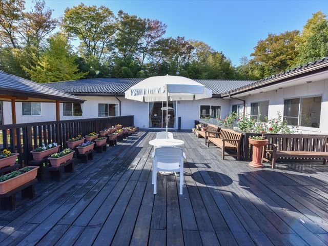 中庭の花とベンチ ベランダ 木々に囲まれた中庭では、花壇を眺めながらリラックスしたひとときを過ごせます。ベンチが並ぶ落ち着いた空間です。