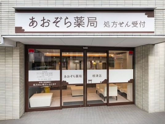 薬局のガラス扉前  