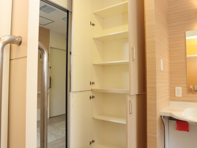 居室の収納と洗面台 収納 広々とした収納スペースが確保されており、使いやすい洗面台も備え付けです。快適な生活空間をご提供します。