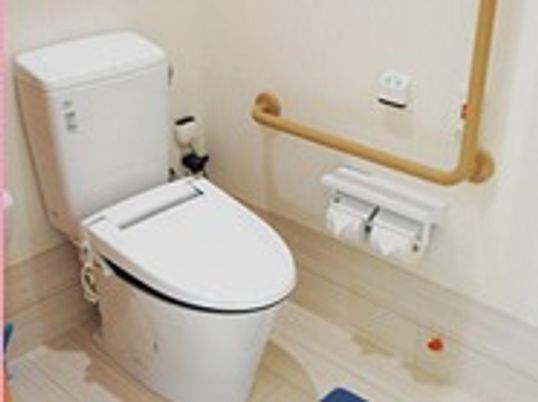 個室タイプのトイレである。壁には２連のトイレットペーパーホルダーと、木製のＬ字型手すりが設置されている。