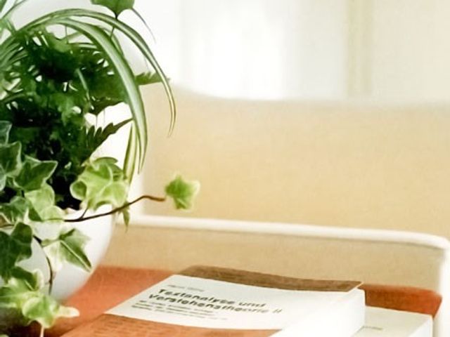 本と植物のテーブル リビング   自然光が差し込む明るい空間で、リラックスできるリビングです。緑が心を和ませます。