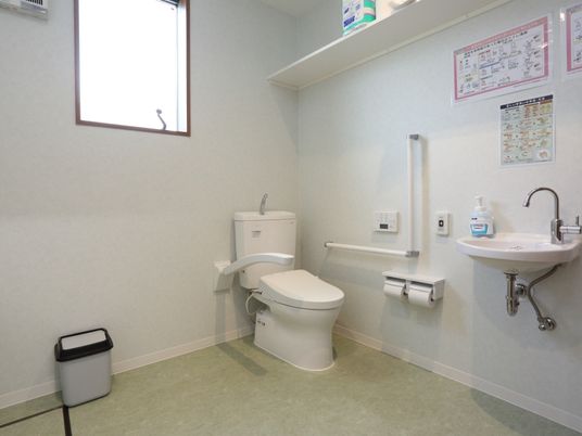 トイレにはたっぷりとしたスペースがある。便座の脇には、ひじかけと手すりがあり座る時・立つ時に活用できる。