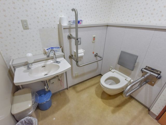 バリアフリートイレ設計 トイレ  手すりが設置された安全で使いやすいトイレで、快適な利用が可能です。手洗い場も併設され、清潔を保てるよう工夫されています。