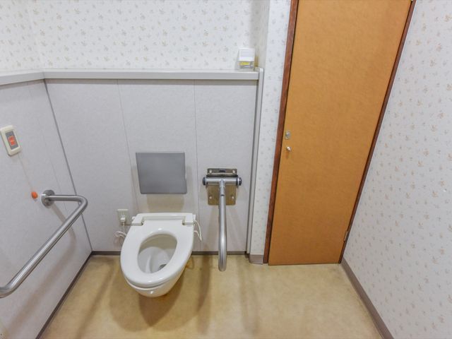 手すり付きトイレの空間 トイレ  安全に配慮されたトイレスペースです。手すりや緊急呼出しボタンがあり、安心してご利用いただけます。