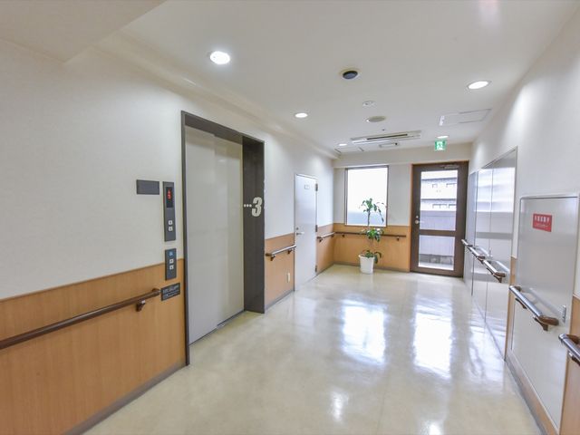 明るい廊下とエレベーター 廊下  手すりが整った清潔感のある廊下です。ゆったりとした空間で移動も安心していただけます。