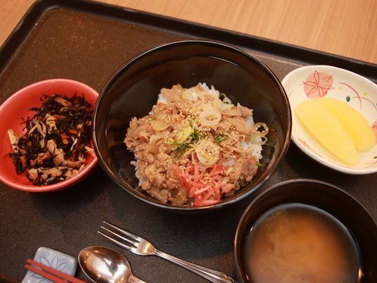 肉と野菜の丼物、味噌汁、五目煮、たくあん漬けが配膳されている。箸と共に、小さめのスプーンとフォークが並べられている。
