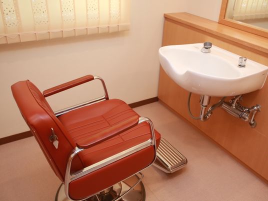 鏡の前に洗髪洗面化粧台と理美容室専用の椅子が設置されている。洗髪洗面化粧台は中央が窪んでいて、頭を乗せやすくなっている。