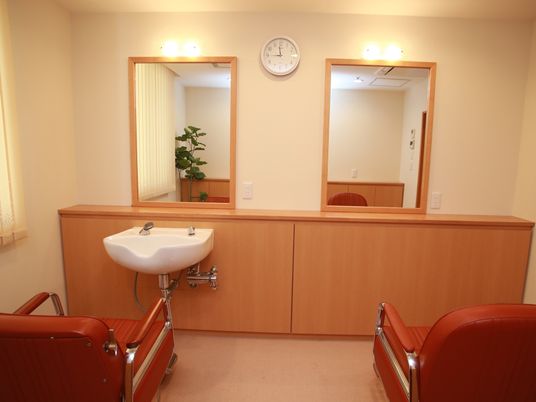 照明のついた大きな鏡の前に、理美容室専用の椅子が据えられている。左側には、洗髪洗面化粧台が設置されている。