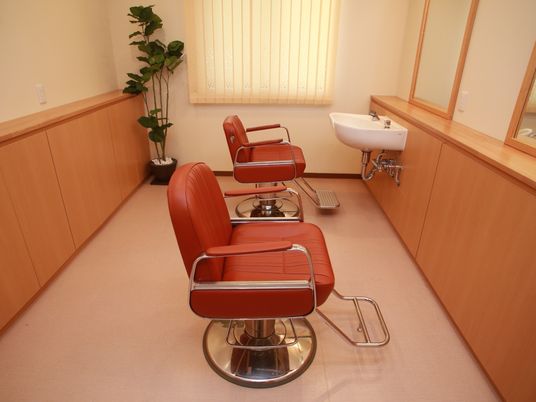 鏡の前に昇降式の理美容専用チェアが２脚並べられている。奧の席には、洗髪できる洗面化粧台が設置されている。