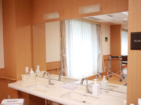 横幅のある大きな鏡の前に、２つの洗面台が設置されている。洗面台の下の空間はすっきりとしていて、車椅子でも近付きやすい。