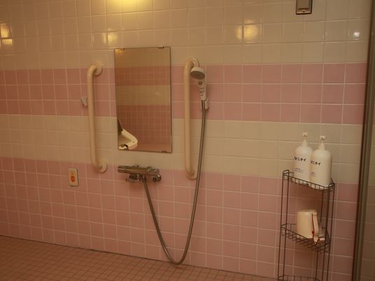 タイル張りの浴室にシャワーと鏡が設置されている。シャワーの右側に金属製の網状の棚があり、ポンプ式のボトルや手桶が置かれている。