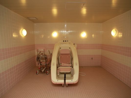 広いタイル張りの浴室の中央に、車椅子タイプの入浴装置が設置されている。左側に予備の車椅子が置かれている。