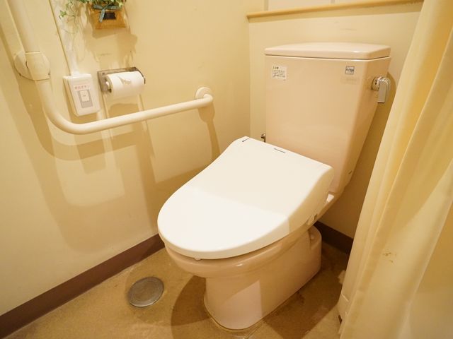 バリアフリートイレ トイレ 手すり付きのトイレは、安全にお使いいただける設計になっております。プライバシーが守られるよう、配慮されたカーテンが設置されています。