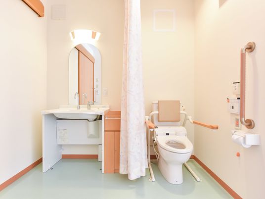 施設の写真 洗面台とトイレはカーテンで仕切られており、トイレには、ウォッシュレット機能の他、手すりや呼び出し用のボタンが設置されている。