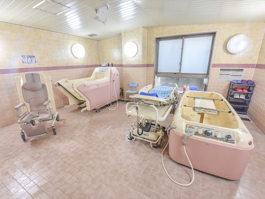 淡いピンクと白のツートンカラーになっている介護用の浴槽が置いてある。寝た体勢で入浴するものと、車イスに座って入るものがある。