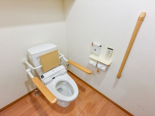白とベージュでまとめられたデザインの清潔感のあるトイレである。右側の壁と、トイレの左右に、手すりが設置されている。