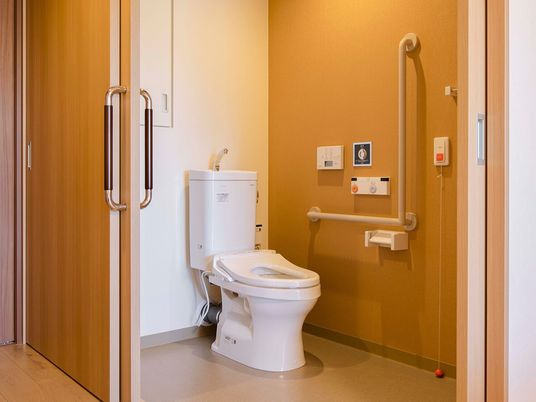 施設の写真 エル字型の手すりやオレンジの呼び出しボタン、操作パネルが壁に付いているふたのない便座が設置されたトイレ。