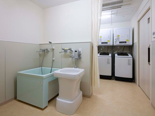 施設の写真 奥には洗濯機と乾燥機が置かれ、手前にはシャワー付きの浴槽と汚物流し用の流しがあり、カーテンも付いている。