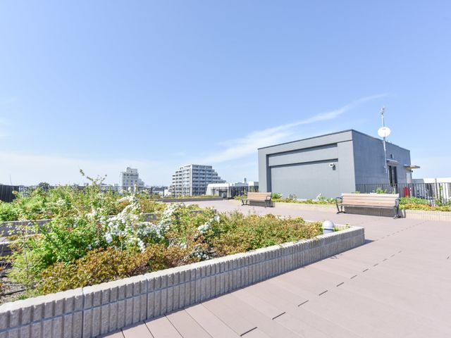 屋上庭園の明るい風景