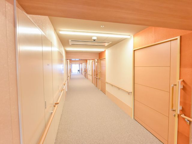 清潔な廊下の一角 廊下 手すりが整った明るい廊下で、安心して歩行できる設計となっております。遠くに人の姿も見え、活気が感じられます。