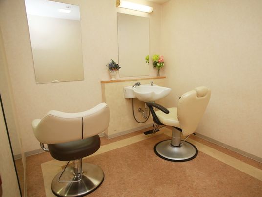大きな四角い鏡が２つ取りつけられた部屋に、理美容室専用の椅子が２脚置かれている。右側には洗髪洗面化粧台が設置されている。