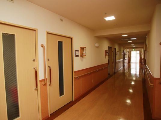 フローリングの廊下に、木製の腰壁やグリップが設置されている。中央にガラスが施されている木製の引き戸が並んでいる。