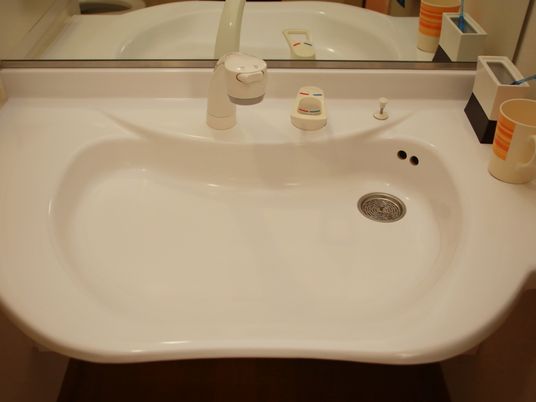鏡の前に、曲線を描いた洗面台が設置されている。右側に歯ブラシと歯ブラシ立て、コップが置かれているのが見える。