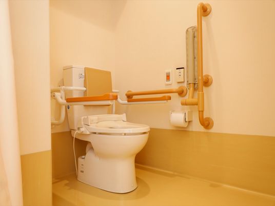 居室のトイレは手すりを設置している。緊急ボタンが取りつけられ、安全面を確保している。便座は座りやすいよう背もたれと肘掛けがついている。