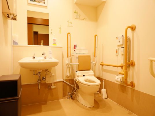 トイレはどなた様でも使用しやすい広い造りである。緊急ボタンも設置され、安全面に配慮している。安心して利用できる。