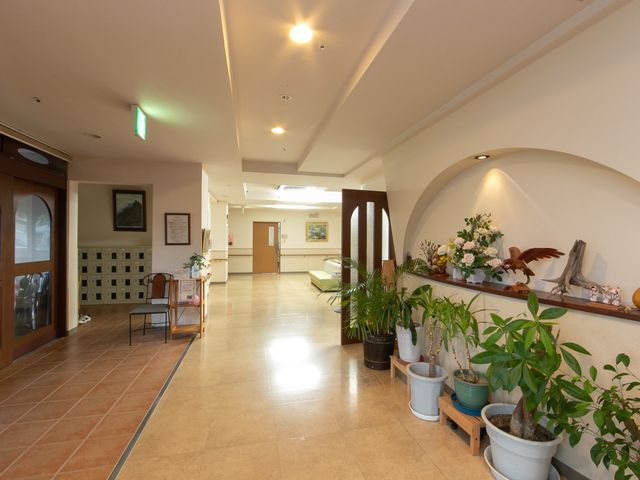 快適な施設の廊下 玄関ロビー 広々とした廊下が明るく、木の緑で彩られており、訪れる人々に安らぎを提供します。美しいインテリアが、心地よい空間作りに一役買っています。