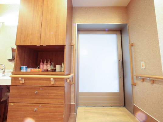 洗面所の一角と扉