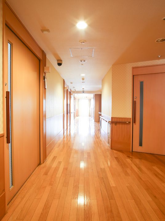 廊下はフローリングタイプ。部屋に入る扉は大きく、スライド式になっている。また方側の壁には手すりがついている。