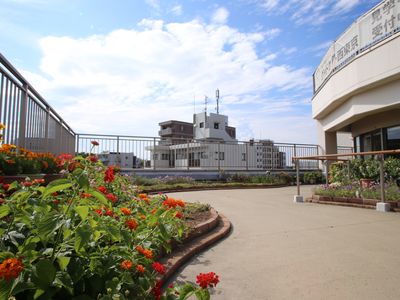 中庭の花と建物