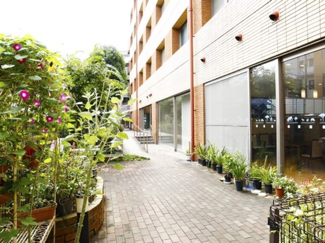 緑豊かな中庭通路 庭１ 植物が彩る安らぎの中庭を歩けば、日々の暮らしに癒しと活力を与えてくれます。緑に囲まれながら、のびのびと過ごせる空間です。