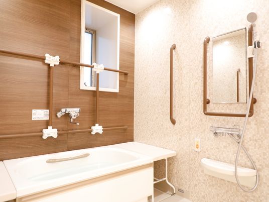 個人浴室には、安全面を考慮して、複数の手すりと呼び出しボタンが浴槽や壁に設置されている。鏡も取り付けられている。
