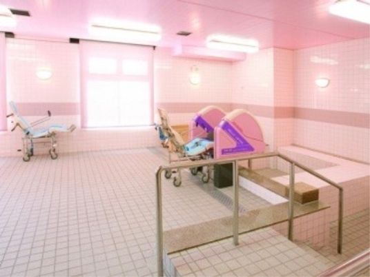 淡いピンクの浴室。タイル張りの浴槽もピンク色となっている。介護補助用のシャワー椅子が２台置かれている。