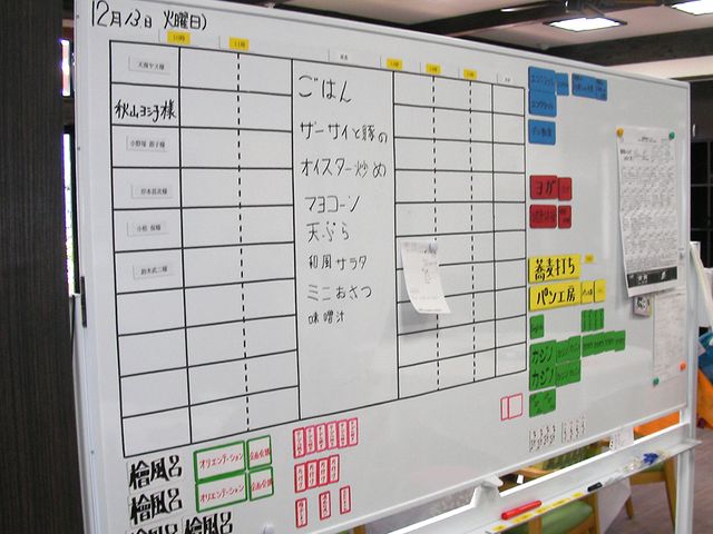 掲示物のホワイトボード 掲示物 メニューや予定がまとめられており、職員が情報を確認しやすい設置です。情報共有に役立ちます。